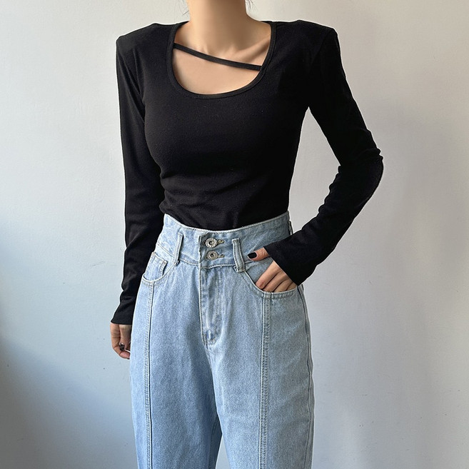 [에이스토리] 슬림핏 어깨패드 사선끈 기본 이너 긴팔티