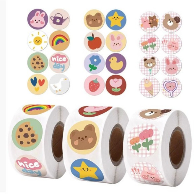 1500개입 3롤세트 원형 팬시 곰돌이 스티커, 1세트, 혼합(S6201) 1500매