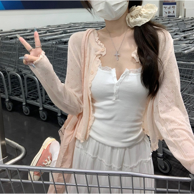 쪼예 청순 여리핏 플라워 펀칭 얇은 긴팔 가디건