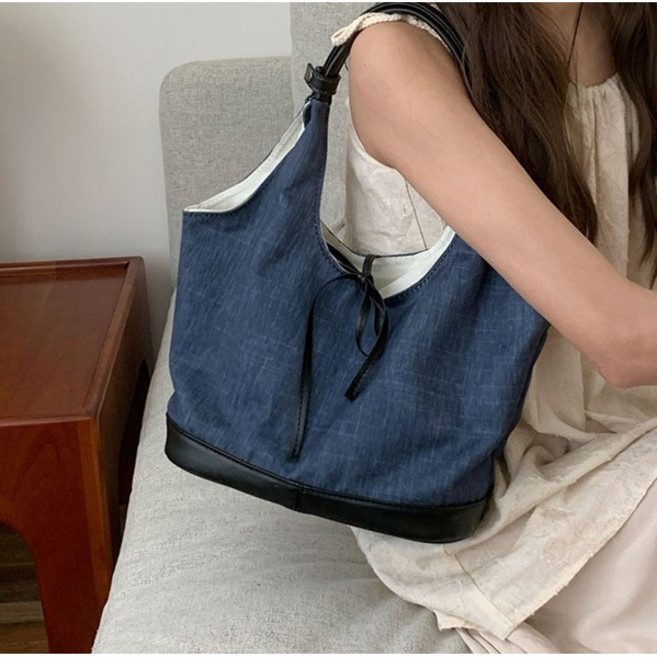 바스테르 심플 스티치 배색 리본 숄더 캔버스백