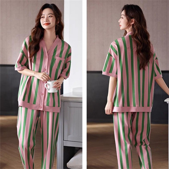 VEZRI 여성 여름 반팔 긴바지 카디건 브이넥 귀여운 학생 홈웨어 파자마 세트 F88