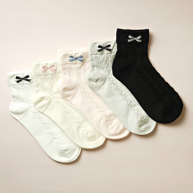 키키야삭스 여성 봄양말 리본 꽈배기양말 단목 5color