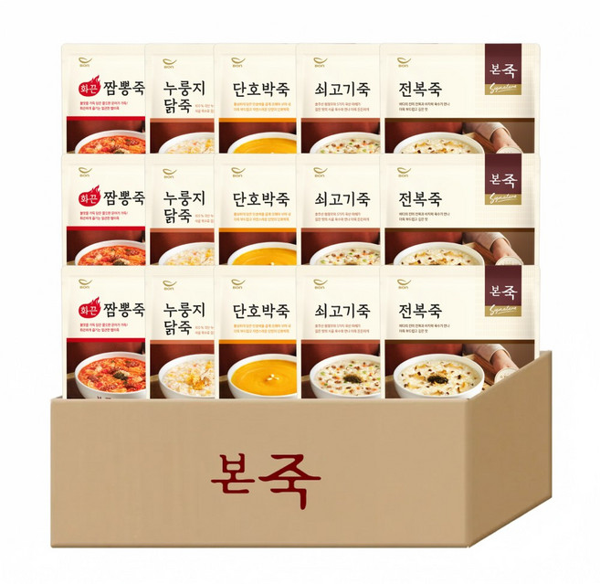 [본죽] BEST 파우치죽 330g 5종 15개 세트(전복죽3+소고기죽3+닭죽3+짬뽕죽3+단호박죽3)