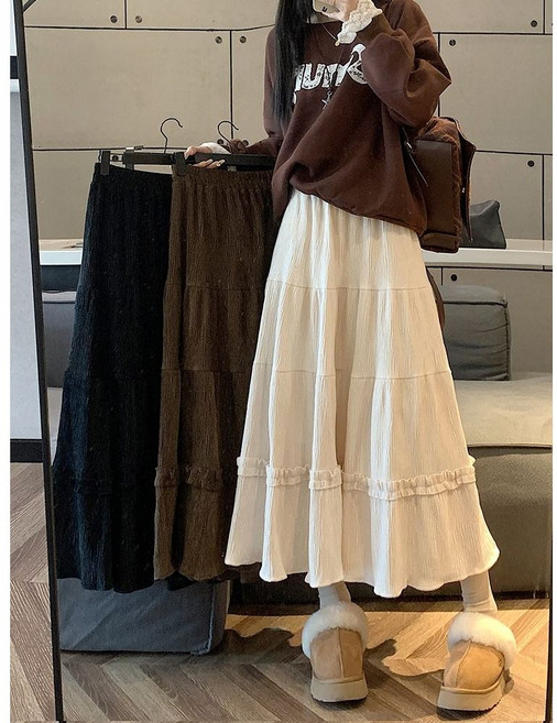 秋冬新款燈芯絨蛋糕裙花邊半身裙女高腰中長裙A字裙寬鬆