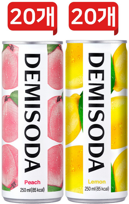 동아오츠카 데미소다 탄산음료캔 2종 각 20개씩 세트(복숭아+레몬), 250ml, 40개
