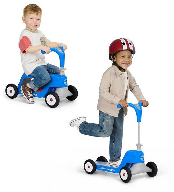 Radio Flyer Scoot 2 스쿠터 블루 만 1-4세 아동용 라이드 온 장난감 또는 4륜 아동용 내구성 있는 바퀴 및 프레임 플립 데크로 쉽게 전환 가능 키즈용
