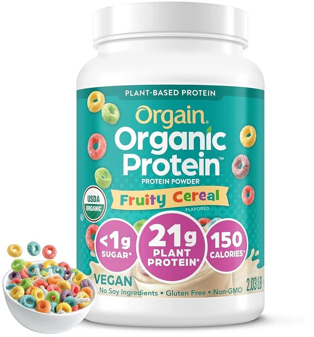 Orgain 유기농 비건 단백질 파우더 과일 시리얼 - 식물 기반 단백질 21g 프리바이오틱 섬유 8g 저순탄수화물 유당 성분 없음 설탕 무첨가 GMO 프리 쉐이크, Orgain 유기농 비건 단백질 파우더, 과일 시리얼, 2.02 Pound (Pack of 1), 1개 - 쿠팡