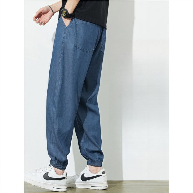 POMTOR 여름 남자 스판 텐셀쿨데님팬츠 9부 루즈핏 배기바지