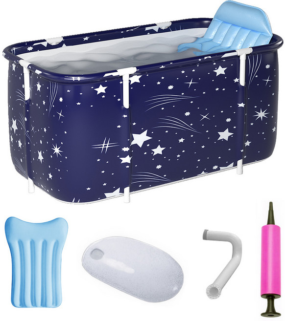 YOPENCE 접이식 욕조 대형 반신욕조 발뻗는 성인 접이식 욕조 등받이 엉덩이쿠션 펌프 배수 호스 포함, 스타블루, 1개