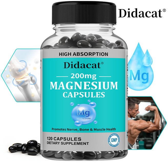 마그네슘 캡슐 200mg 고흡수 뼈와 근육 건강 증진 삼키기 쉽고 Non-GMO 글루텐 프리, 3개, 120회분