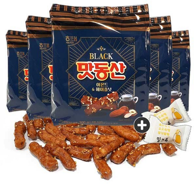 주전부리몰 해태제과 맛동산 블랙 아몬드&헤이즐넛 5봉(밀크츄 2개포함), 1세트, 300g