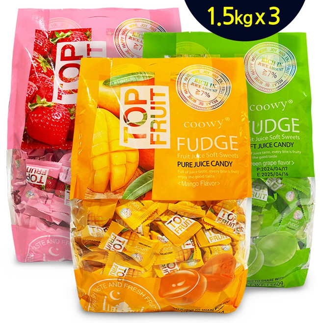 coowy 쿠위 탑젤리 대용량 딸기젤리 + 망고젤리 + 청포도젤리 1500g, 3개, 1.5kg