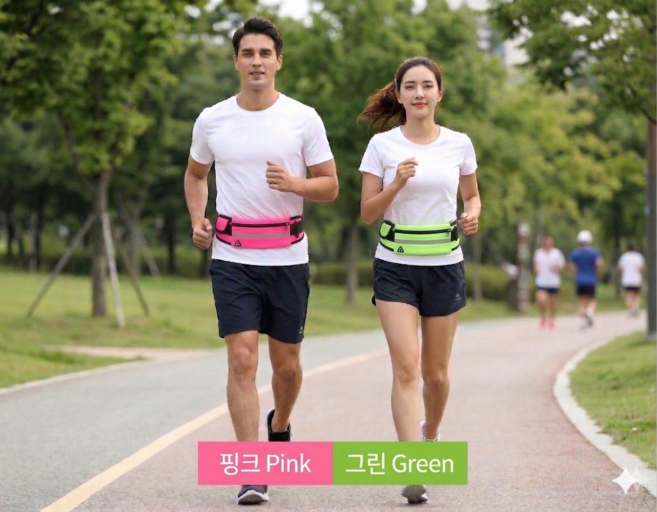 런닝벨트 물통 휴대폰 이어폰 케이스 수납 가능한 경량 러닝힙색, 3개, 핑크+그린