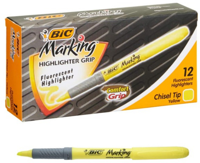 Bic 재팬 빅(Bic) 형광펜 형광 마커 마킹 하이라이터 그립 옐로우 12개입, 1세트