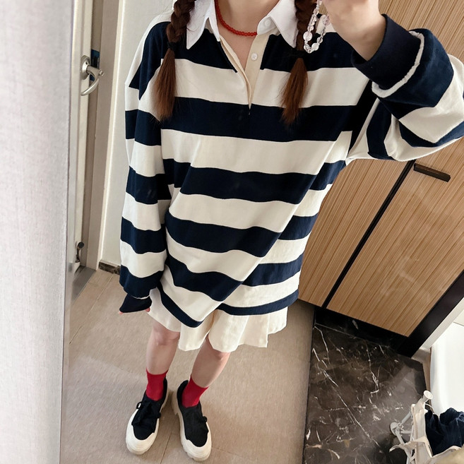 (남여공용) 스트라이프 럭비티 카라 맨투맨