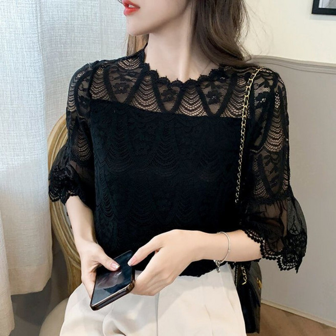 VEZRI 여성 여름 빅사이즈 레이스 디자인 쉬폰 블라우스 심플 캐주얼 상의 F88