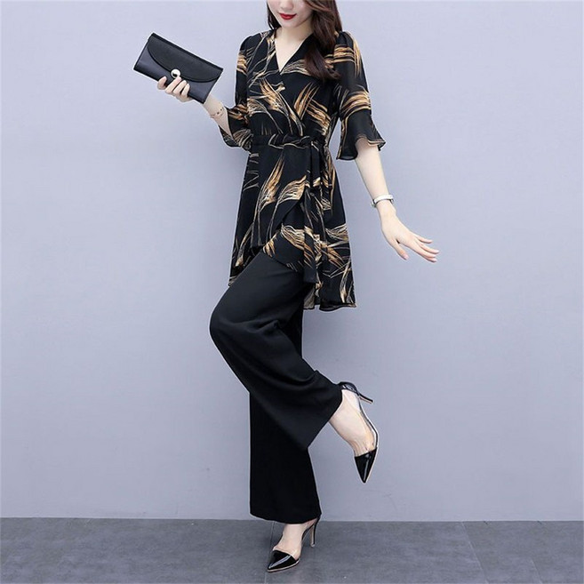 TKX 여성 여름 오피스룩 세트 브이넥 프린트 블라우스 밴딩 와이드 팬츠 슬림핏 하이웨이스트 시원한 격식 세련된 정장 스타일 슈트