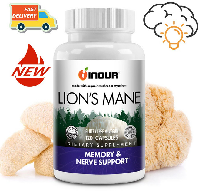 LION'S MANE 라이언스메인 고함량 노루궁뎅이버섯 두뇌건강 기억력 집중력 120캡슐, 2개, 60정
