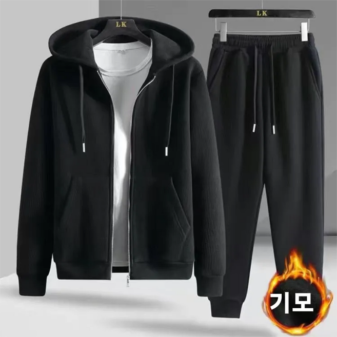 Ashysnow 기모 캐주얼 트레이닝 세트 남성 가을 겨울 루즈핏 기모 집업 후드 점퍼 트레이닝 긴바지 보온 세트