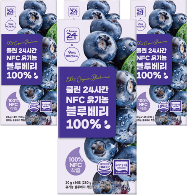 [클린24시간]유기농 NFC 착즙 100% 블루베리즙 스틱형, 280g, 4박스