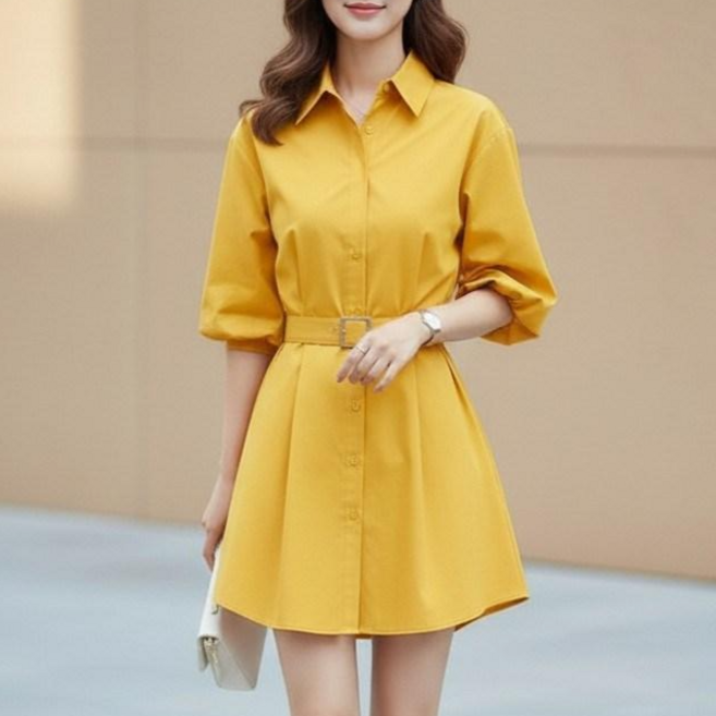 히또리 X4451 컬러풀 핏 좋은 셔츠형 벨트 세트 7부 주머니 미니 원피스