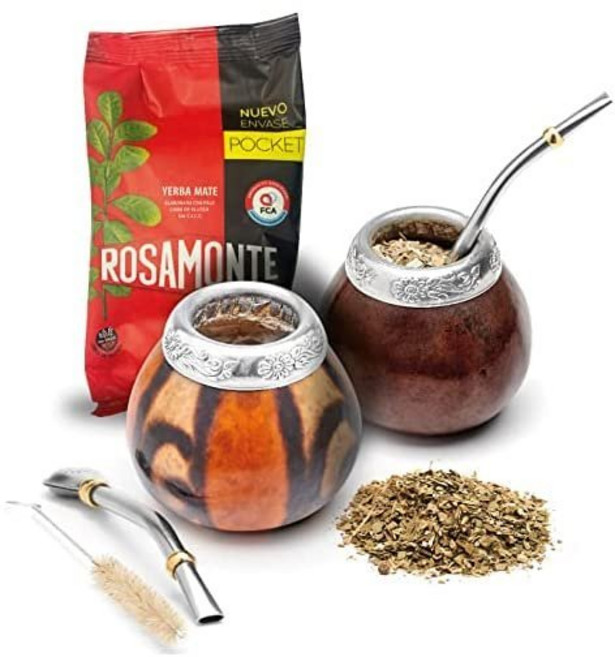 BALIBETOV Yerba Mate Gourd 2개 및 100g 1팩 세트 - Cup Argentina 메이트 컵 2개 봄빌라 청소용 브러시 1개 느슨한 가방 1개, Dark Brown - Natural 02