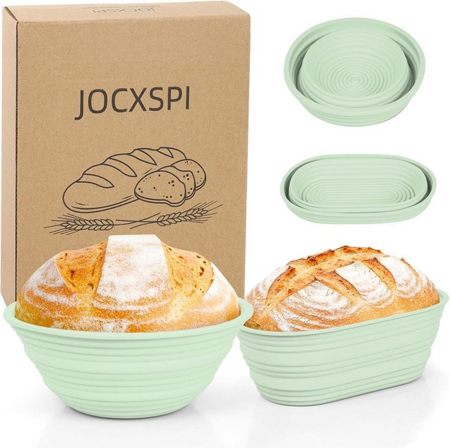 JOCXSPI 2Pcs 업그레이드된 실리콘 배네톤 빵 프로핑 바구니 10인치 타원형 및 9인치 원형 접이식 사워도우 반죽 볼 BPA 프리 논스틱 오븐 식기세 Green 1 Lid, 1세트