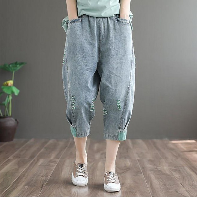 셀럽당 여자 바지 여름 칠부 청바지 밴딩 와이드 빅사이즈 캐주얼 팬츠 S02205+무료배송