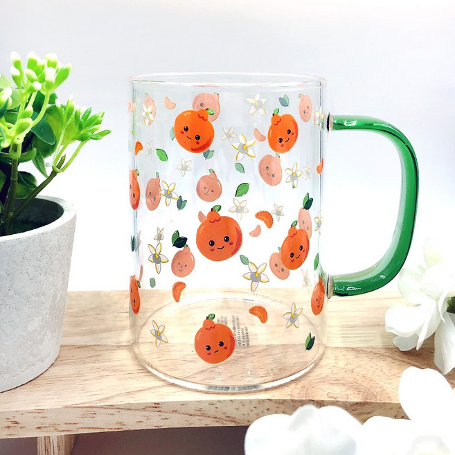 제주노리 칼라 핸들 유리 머그 감귤 한라봉 500ml 제주 유리컵 내열잔, 1개