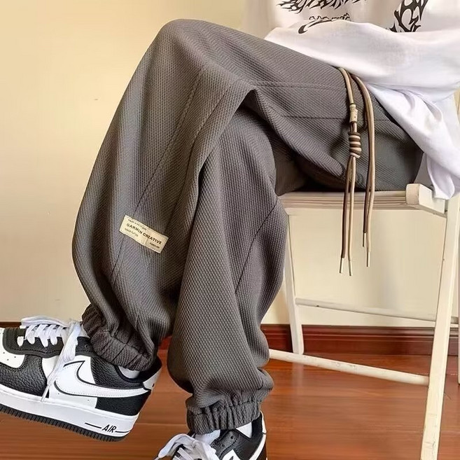 男士華夫格縮口加絨衛褲 寬鬆九分運動休閒褲 大尺碼青年 抽繩鬆緊腰 秋冬新款 寬鬆直筒