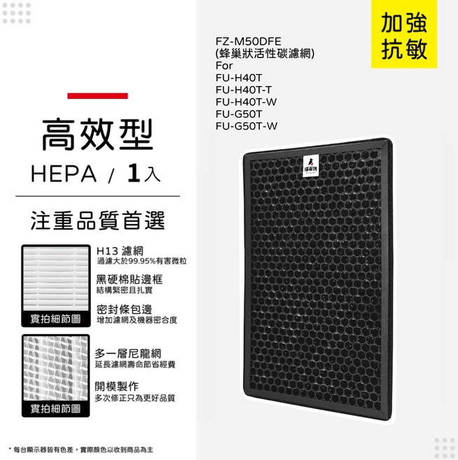 蟎著媽 適用 夏普 SHARP FU-G50T-W FU-H40T-W FZ-M50HFE FZ-M50DFE 空氣清淨機 濾網, 1個, 高效型-除臭顆粒活性碳/單片, M50CA-TW*1