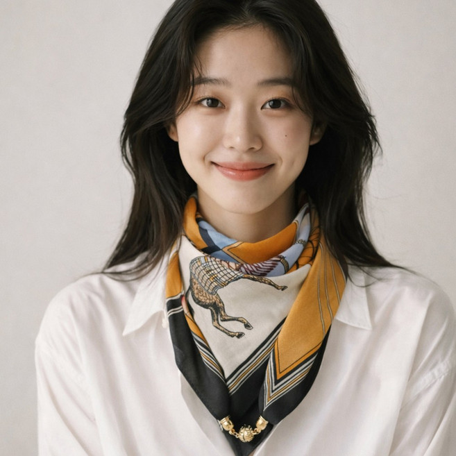 자석 스카프 사각 쁘띠 머플러 원터치 버클 간편 고정 쉬운 착용 여성 데일리 봄 가을 패션
