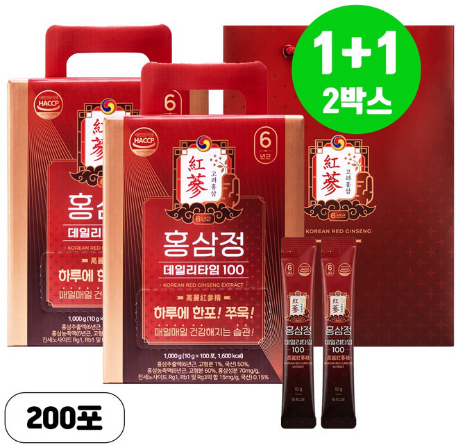 1+1 홍삼정 6년근 데일리타임 100포 고급쇼핑백, 2박스, 100회분