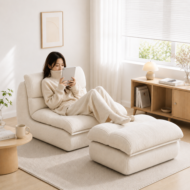 2위 - 리클라이너 좌식 소파베드 1인용 패브릭 소파 원룸 공간절약형 발받침 포함, 화이트