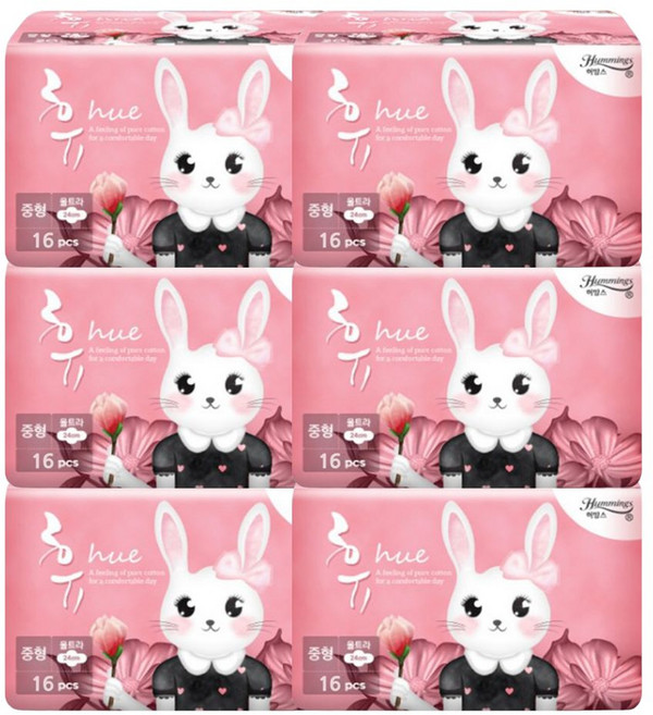 허밍스 휴 토끼 생리대 날개형, 중형, 16개입, 6개