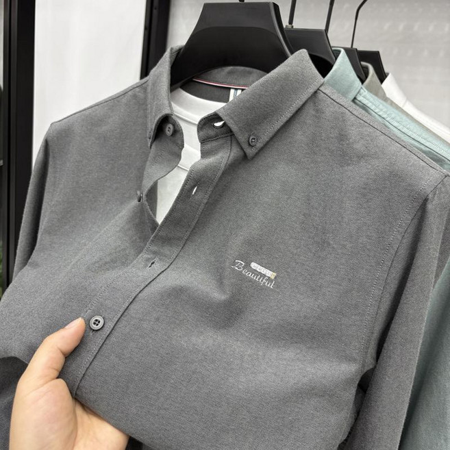 跨境男士休閒牛津紡襯衫秋季新款中青年男士長袖時尚潮流寬鬆襯衣