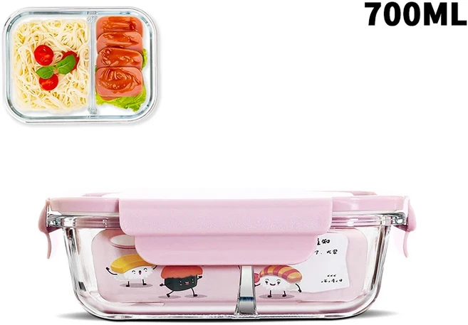 ♥고보로실리케이트 유리 도시락통 뚜껑 포함 밀폐형 점심 분리형 용기, 08 pink700ml2grid