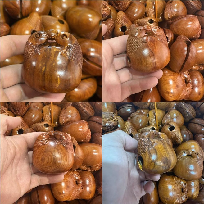 花梨木雕橘子造型敲敲小木魚, 瑕疵木魚約7cm 預設雙魚