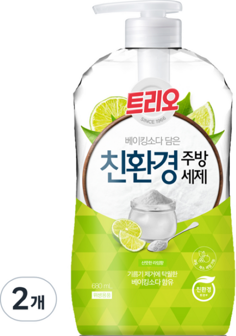 트리오 베이킹소다 담은 친환경 주방세제 라임향 본품, 680ml, 2개