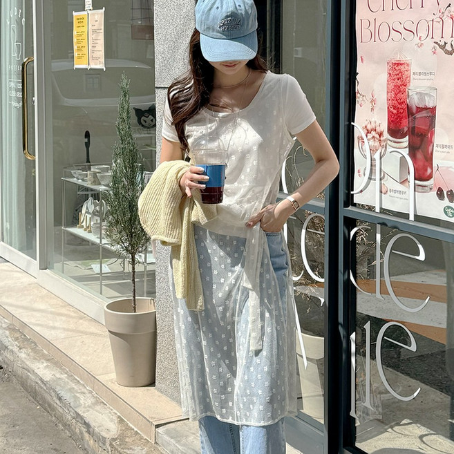 데일리앤 디얼 꽃무늬 쉬폰 레이스 시스루 레이어드 민소매 롱 원피스