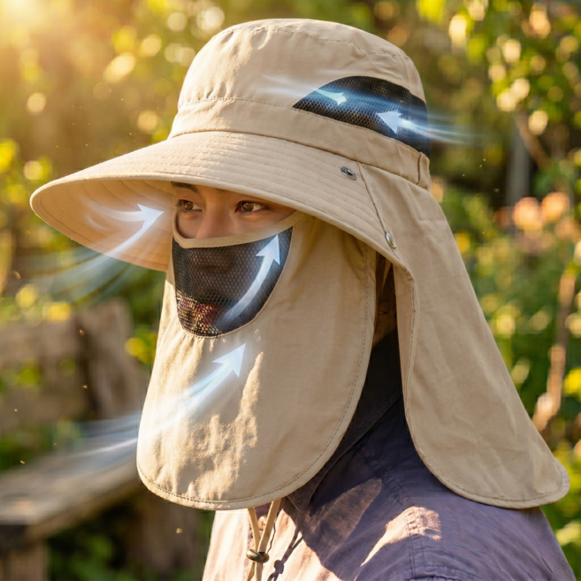 미니픽 완벽 햇빛차단 차외선차단 등산 낚시 농사 캠핑 국토대장정 모자 벙거지모자 챙모자 사파리모자 넥가드+마스크, 베이지