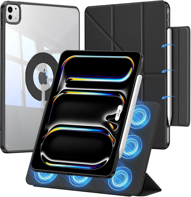 펜슬 수납 360도 회전 초강력 자기 흡입 태블릿 PC 케이스, 블랙, 1개