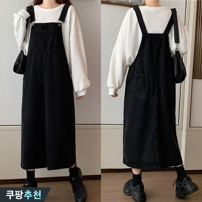 (신상 추천) 100kg까지 빅사이즈 여성 검정 청원피스 학생 젊어 보이는 어깨끈조절 멜빵치마 봄 가을 편한 사계절 일자핏 박스 날씬해보이는 모던 일제 심플 데일리 외출용 원피스