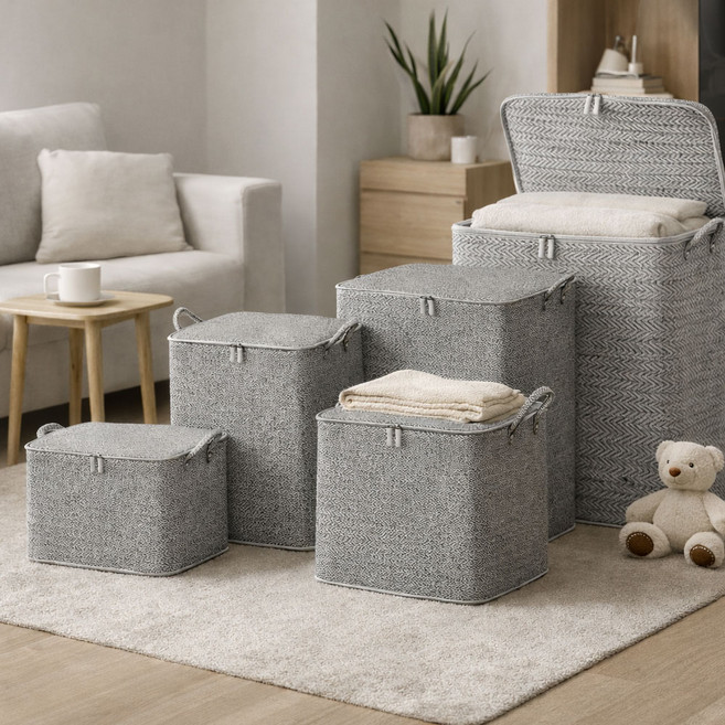 1+1 패브릭 이불보관함 리빙박스 2P, 그레이, 1세트