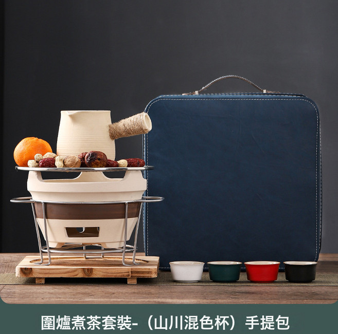 圍爐煮茶燒烤爐木炭爐打邊碳爐泥爐陶土大號便攜式煮茶爐露營戶外, 1個, GD圍爐煮茶套裝-(山川混色杯)手提包:如圖所示