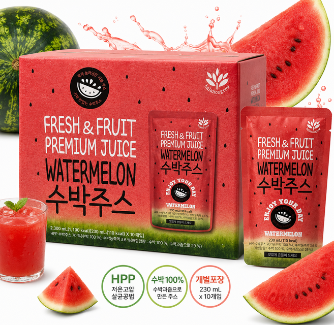 굿픽샵 코스트코 밸런스그로우 수박주스 HPP 프리미엄 과채주스 230ml 10팩 개별포장 냉압착 수박즙 음료+유럽수입사탕증정, 10개