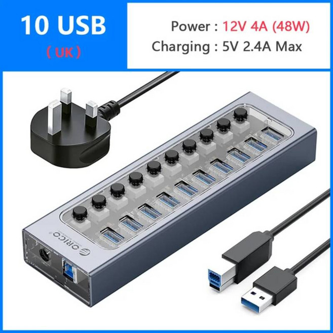 ORICO 멀티 USB 3.0 포트 슬롯 플러그가있는 USB 허브 분배기 소켓 On-Off 키 스위치 Dock PC 노트북 용 전원 스트립 어댑터, 10 USB and UK Plug, 1개