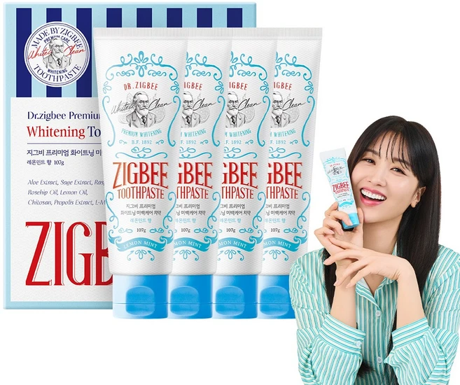 지그비 누렁니 화이트닝 치아 미백 케어 치약 레몬민트향, 4개, 107g - 쿠팡