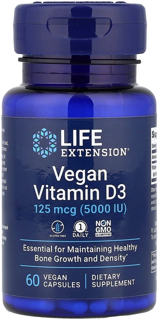라이프익스텐션 비건 비타민 D3 125 mcg 5000 IU 60 베지캡슐, 60정, 4개 - 쿠팡