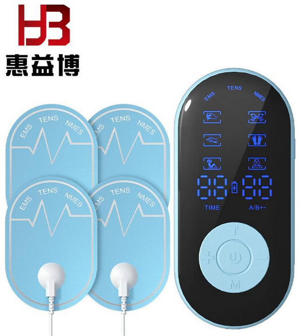HB 惠益博 多功能按摩儀 EMS/TENS/NMES 三頻率切換, 充電款-藍/黑--隨機（中文）,雙線一拖四
